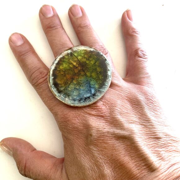 Ceramic + Glass Blue Green Brown Chunky Oversized Statement Ring Handmade Art - Picture 1 of 4